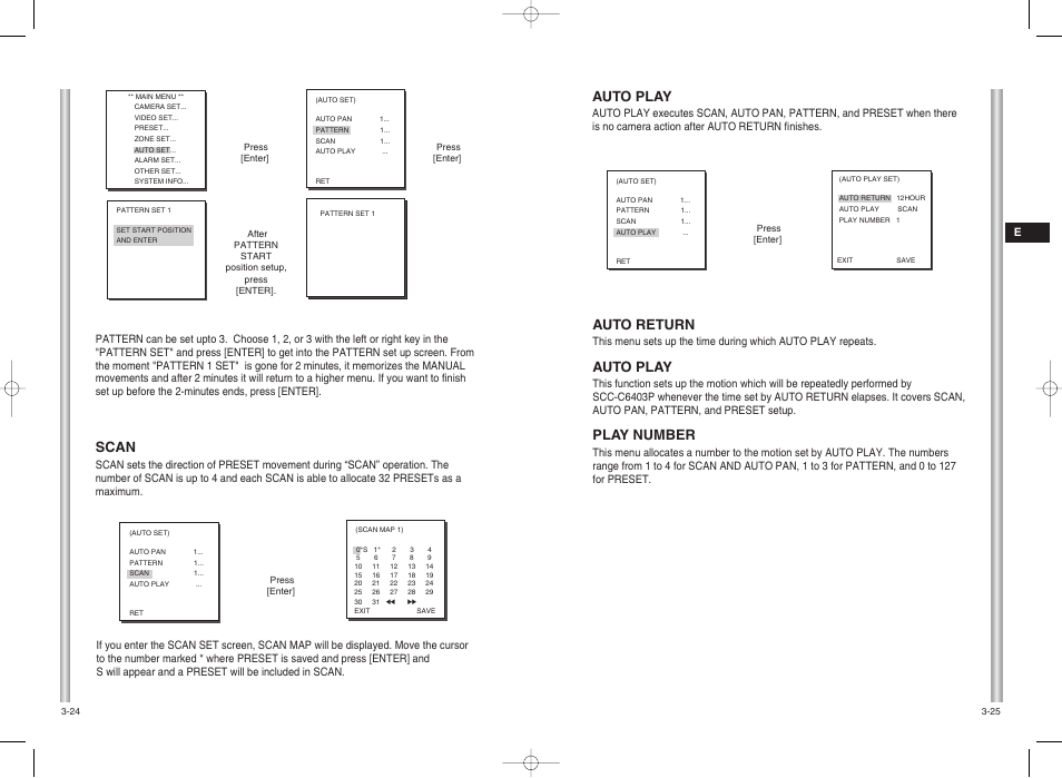 Auto play, Auto return, Play number | Scan | Samsung SCC-C6403P User Manual | Page 25 / 29