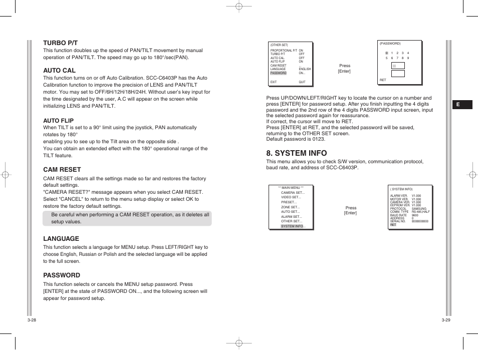 System info, Turbo p/t, Auto cal | Cam reset, Language, Password | Samsung SCC-C6403P User Manual | Page 27 / 29