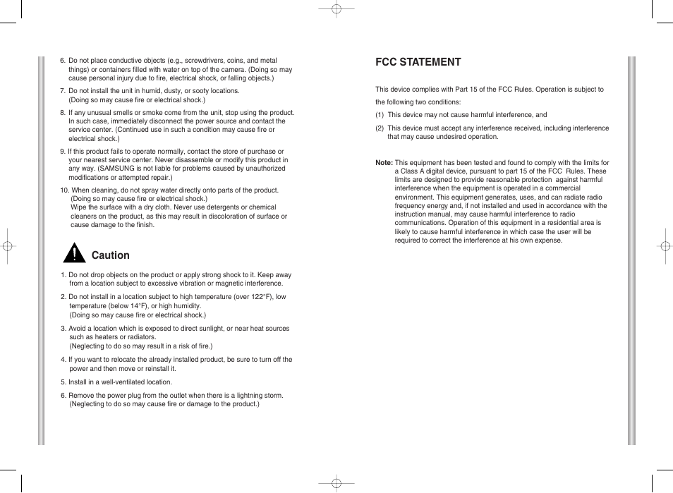 Fcc statement, Caution | Samsung SCC-C6403P User Manual | Page 3 / 29