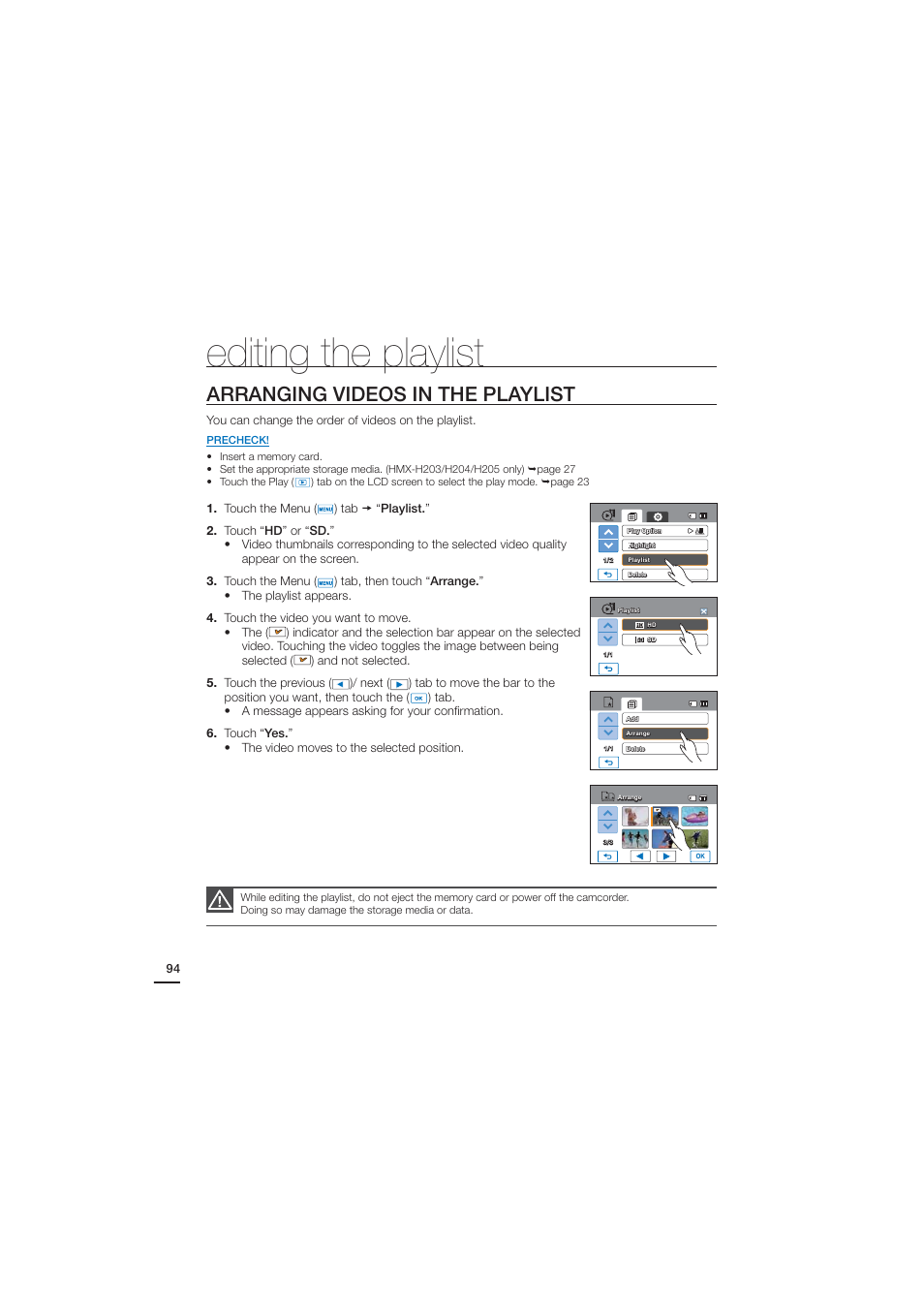 Arranging videos in the playlist, Editing the playlist | Samsung HMX-H204LP User Manual | Page 102 / 142