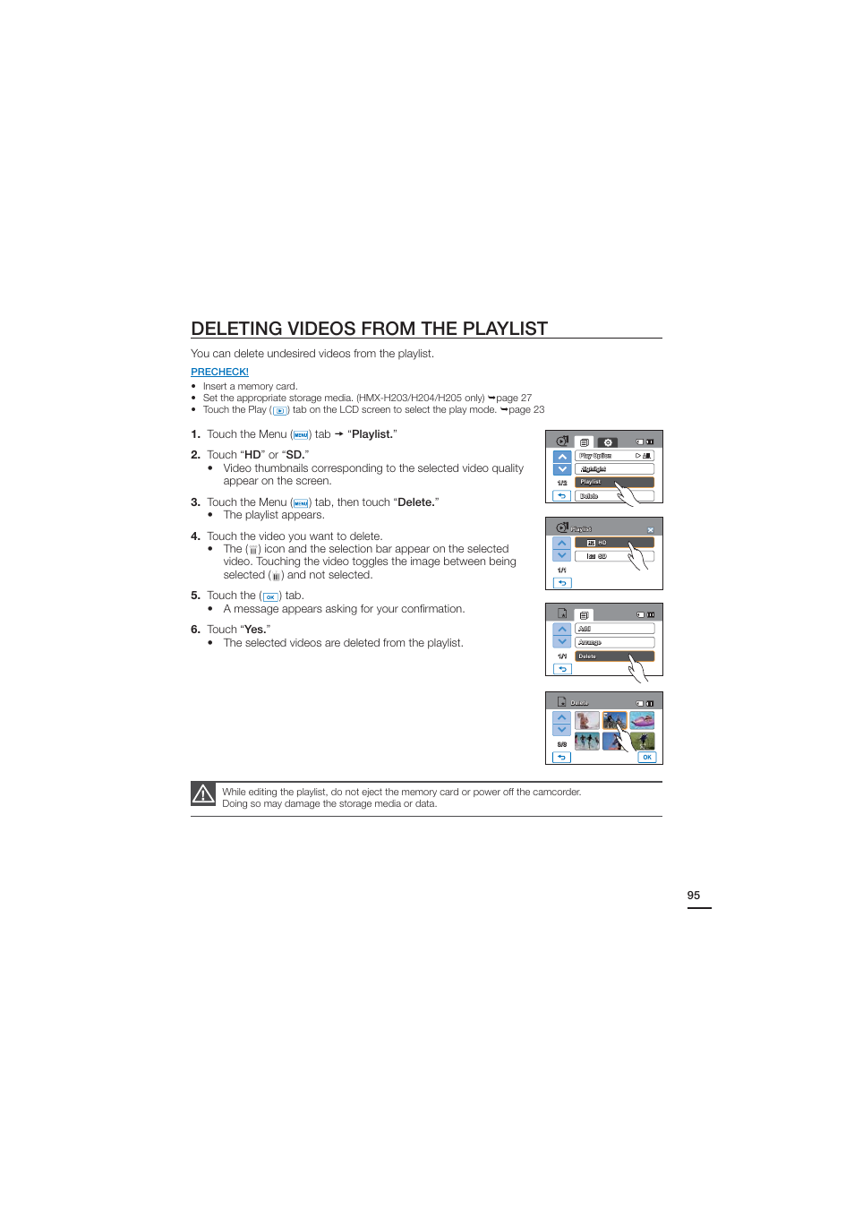 Deleting videos from the playlist | Samsung HMX-H204LP User Manual | Page 103 / 142