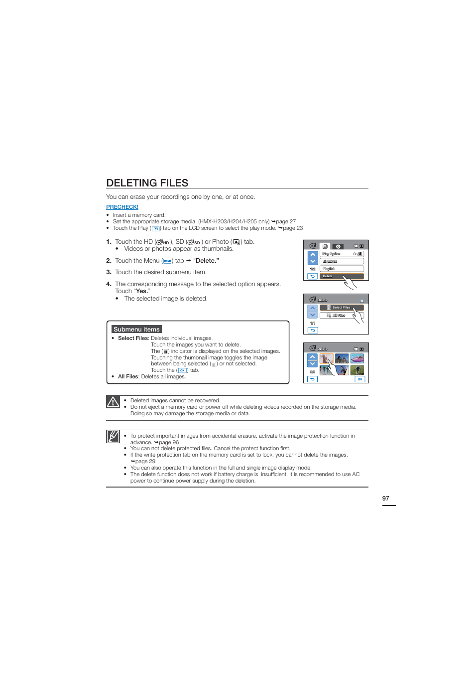 Deleting files | Samsung HMX-H204LP User Manual | Page 105 / 142