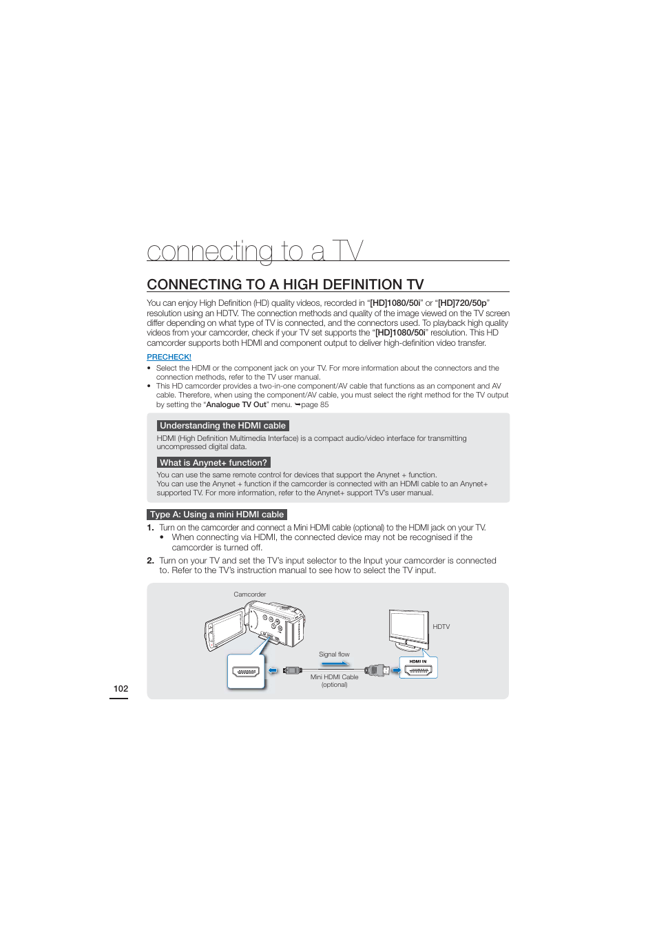 Connecting to a tv, Connecting to a high definition tv | Samsung HMX-H204LP User Manual | Page 110 / 142