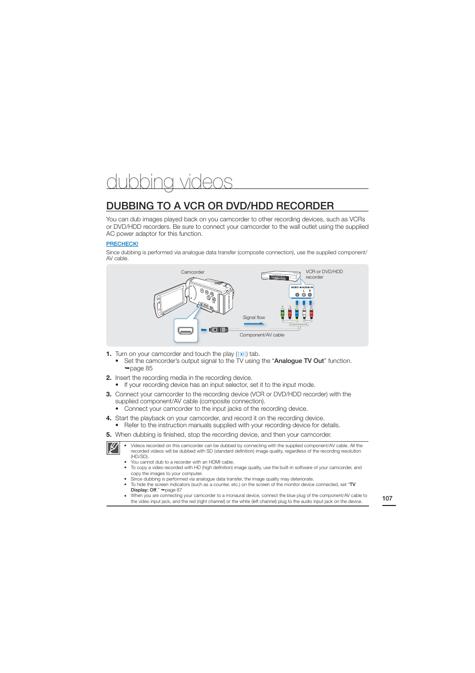 Dubbing videos, Dubbing to a vcr or dvd/hdd recorder | Samsung HMX-H204LP User Manual | Page 115 / 142