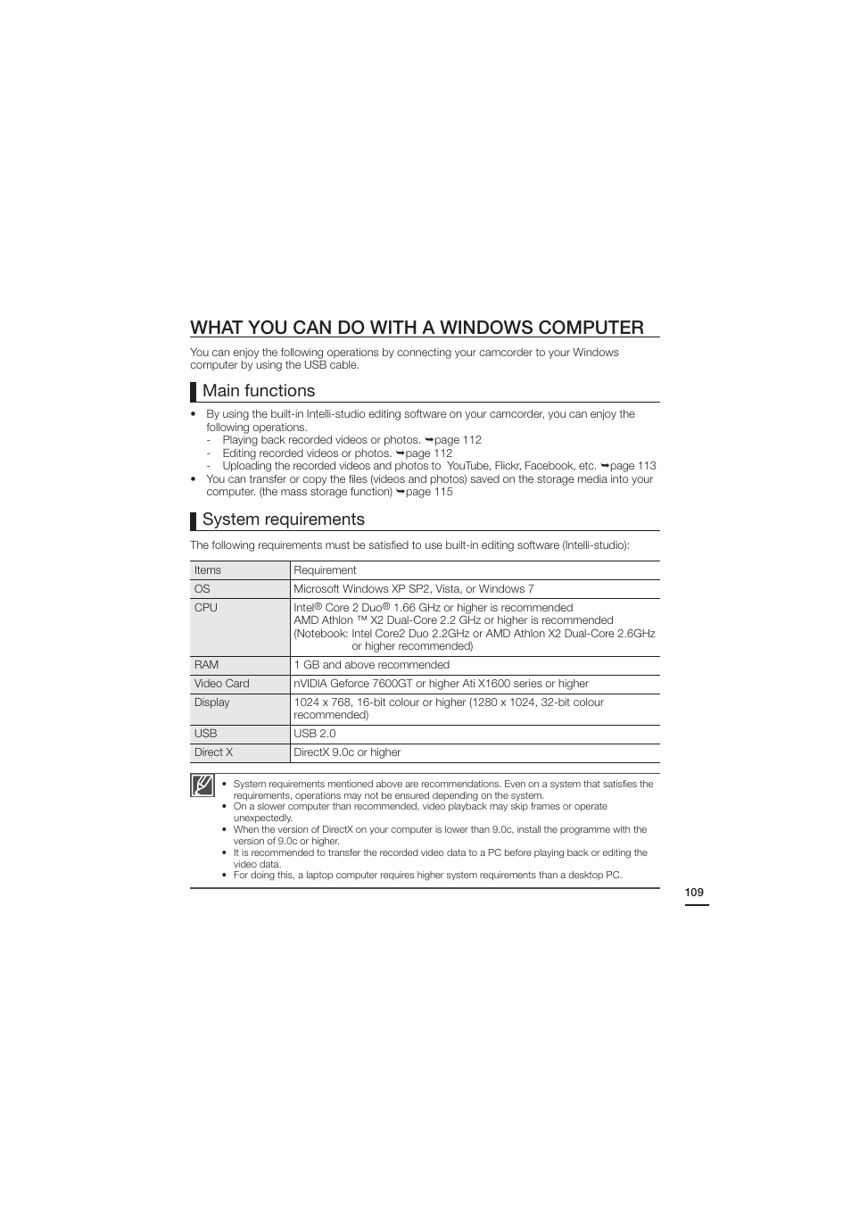 What you can do with a windows computer, System requirements, Main functions | Samsung HMX-H204LP User Manual | Page 117 / 142