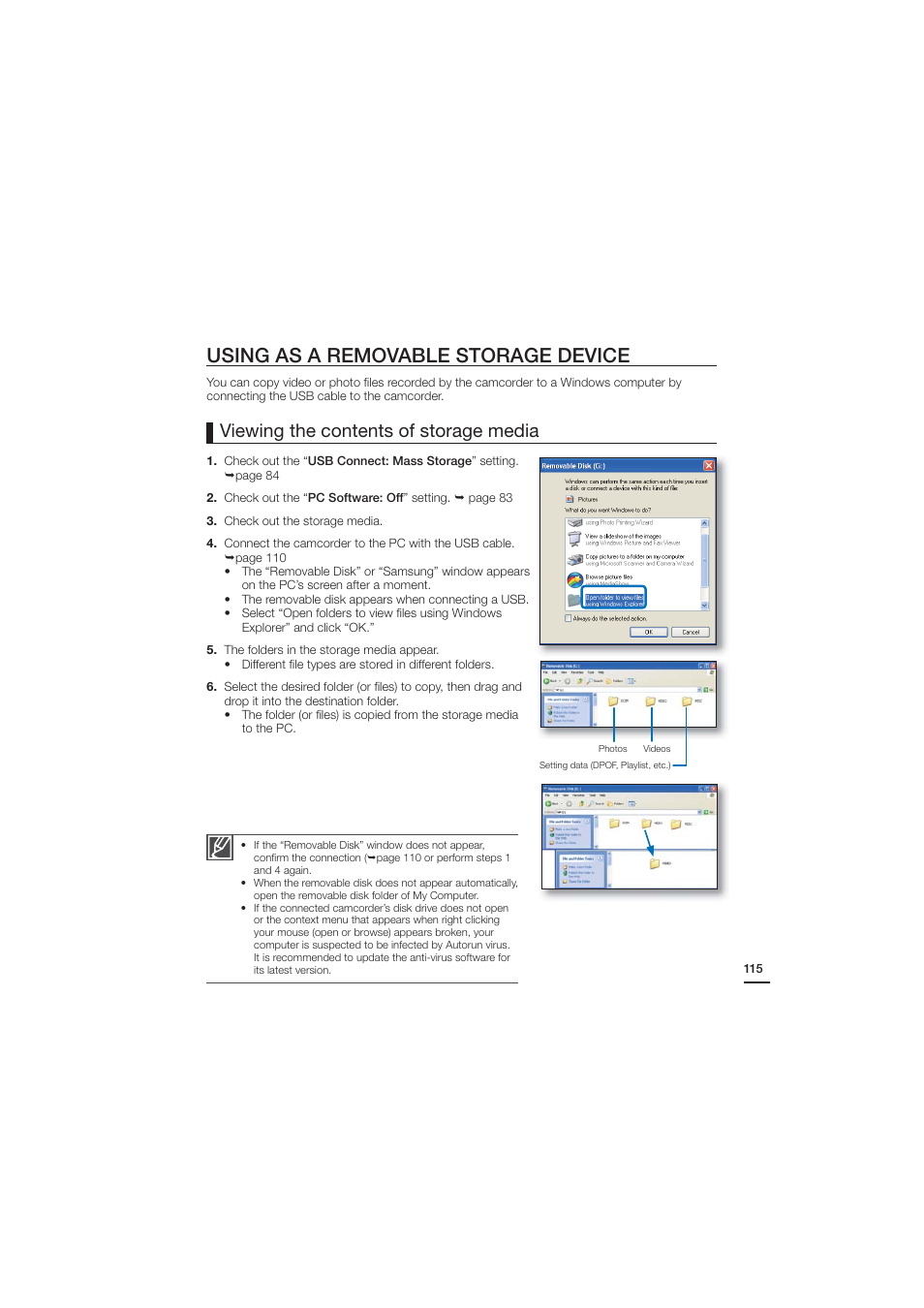 Using as a removable storage device, Viewing the contents of storage media | Samsung HMX-H204LP User Manual | Page 123 / 142
