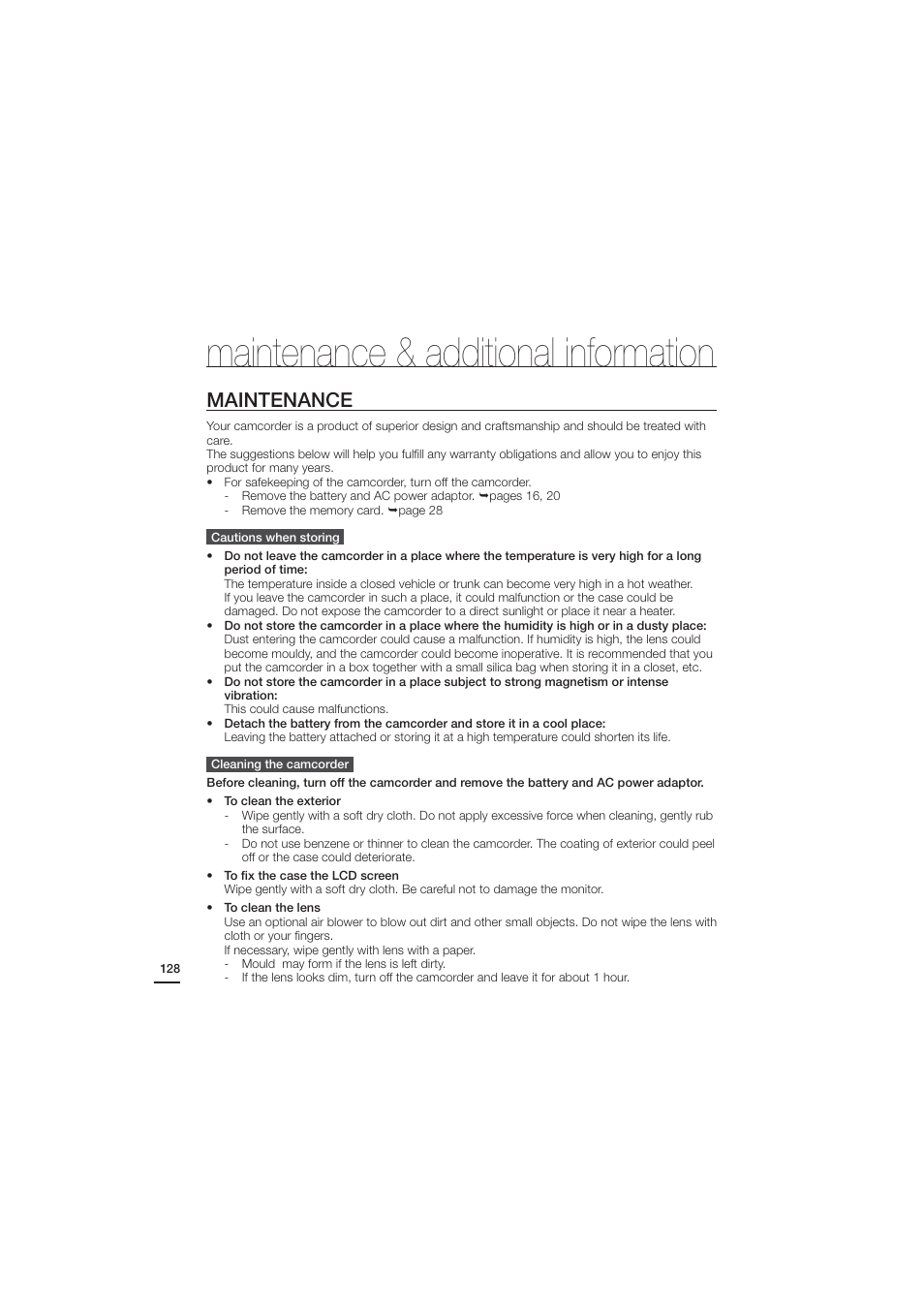 Maintenance & additional information, Maintenance | Samsung HMX-H204LP User Manual | Page 136 / 142