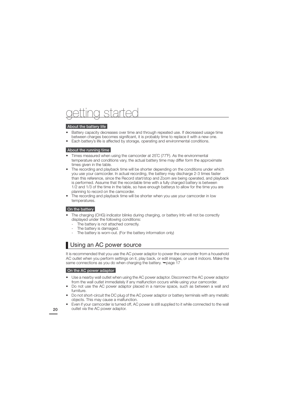 Getting started, Using an ac power source | Samsung HMX-H204LP User Manual | Page 28 / 142