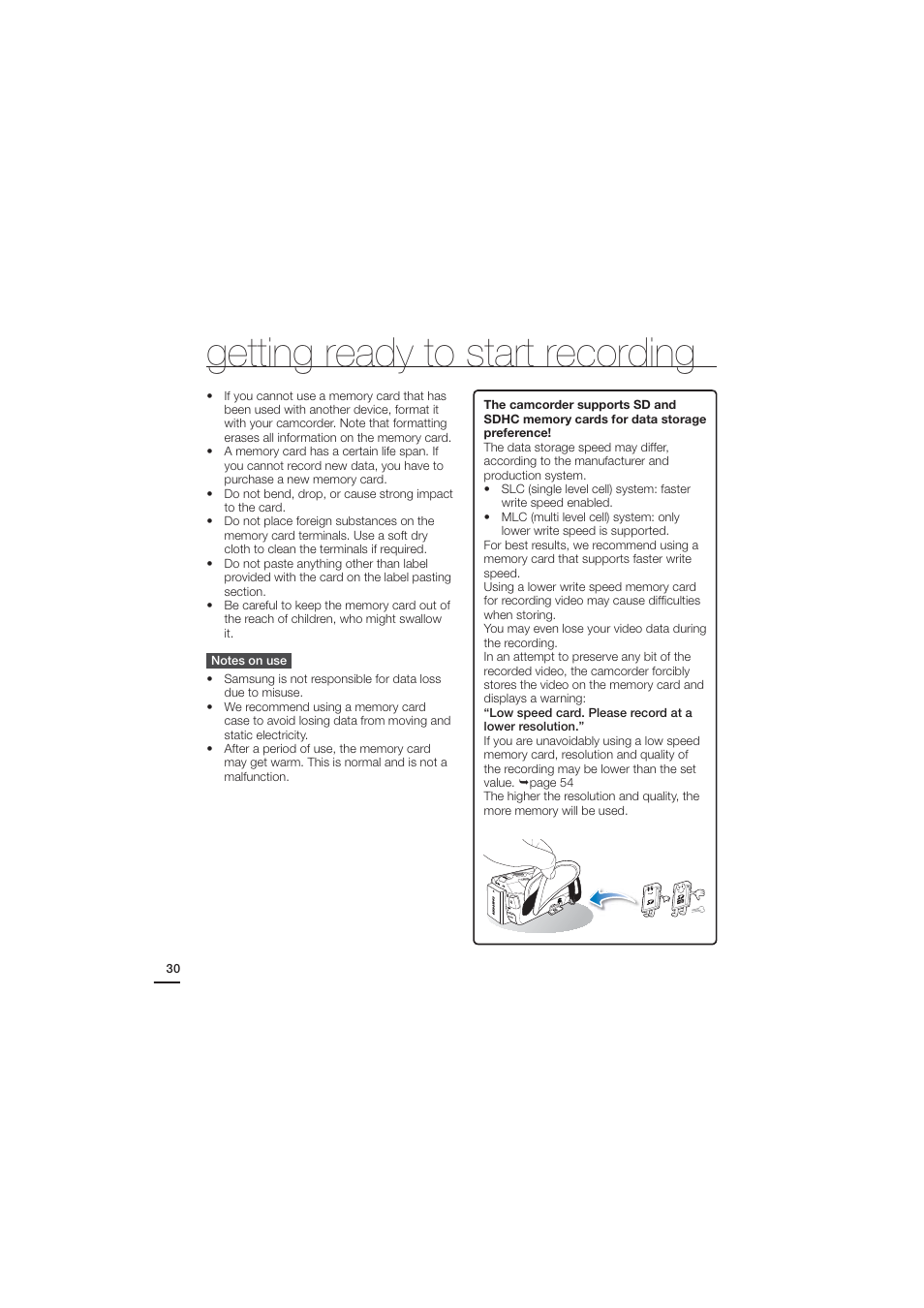 Getting ready to start recording | Samsung HMX-H204LP User Manual | Page 38 / 142