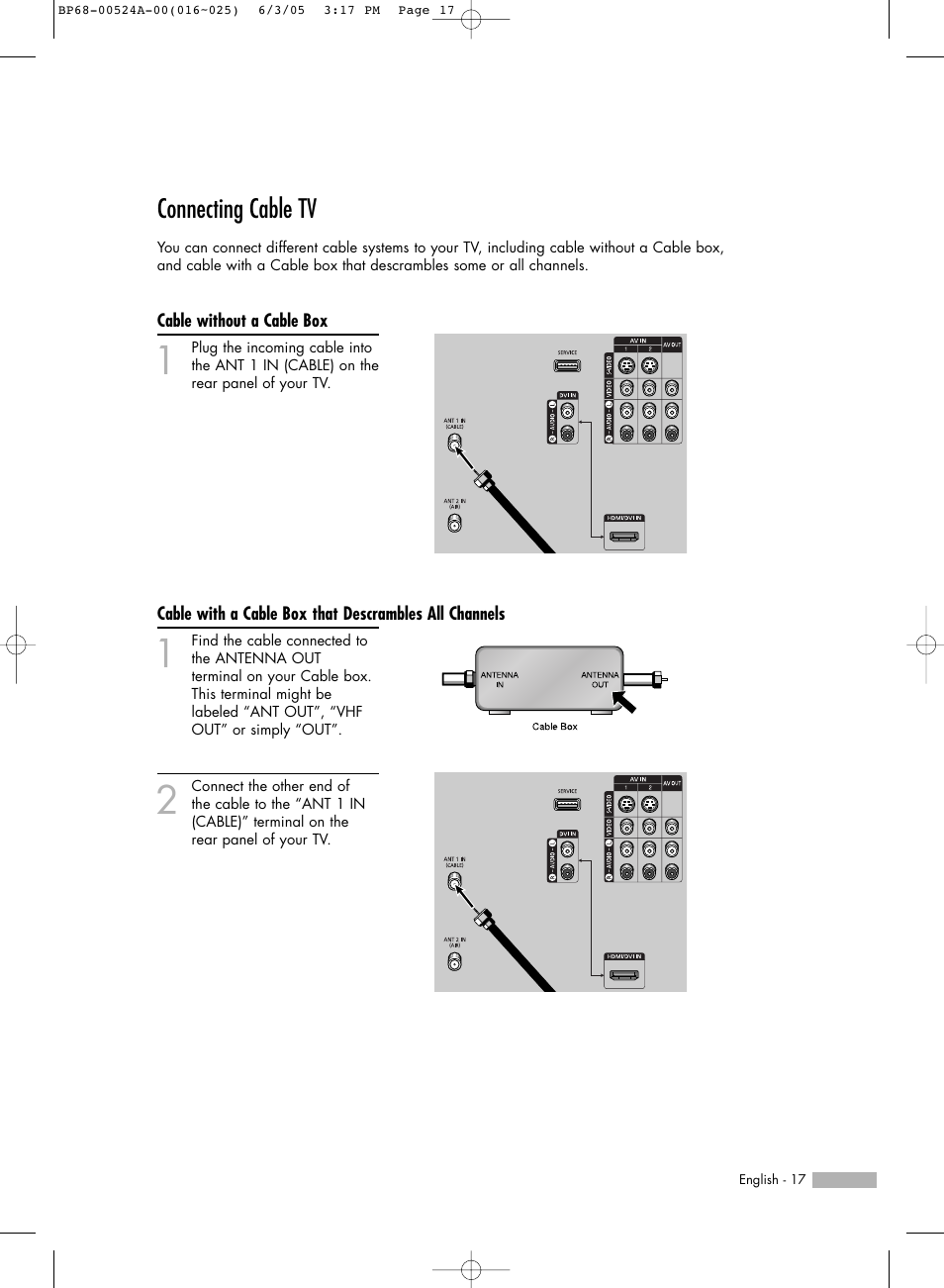 Connecting cable tv, Cable without a cable box | Samsung HL-R6156W User Manual | Page 17 / 96