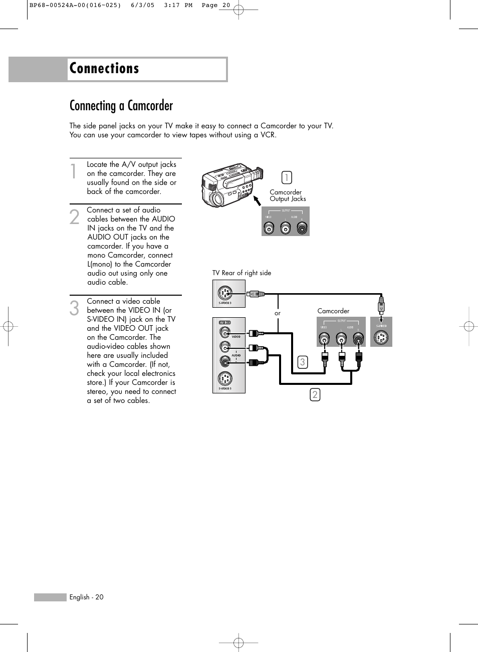Connecting a camcorder, Connections | Samsung HL-R6156W User Manual | Page 20 / 96