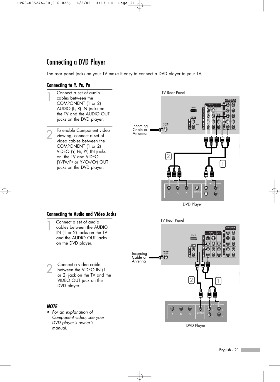 Connecting a dvd player, Connecting to y, pb, pr, Connecting to audio and video jacks | Samsung HL-R6156W User Manual | Page 21 / 96