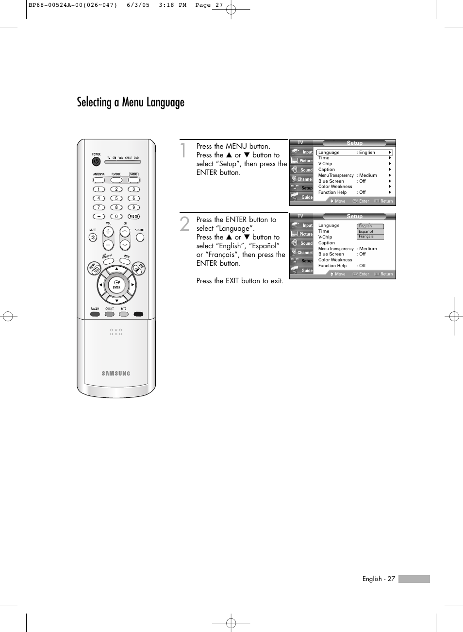 Selecting a menu language | Samsung HL-R6156W User Manual | Page 27 / 96