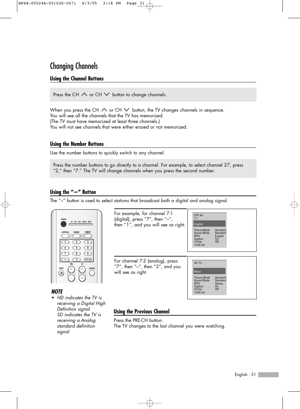Changing channels, Using the channel buttons, Using the number buttons | Using the “-” button, Using the previous channel | Samsung HL-R6156W User Manual | Page 31 / 96