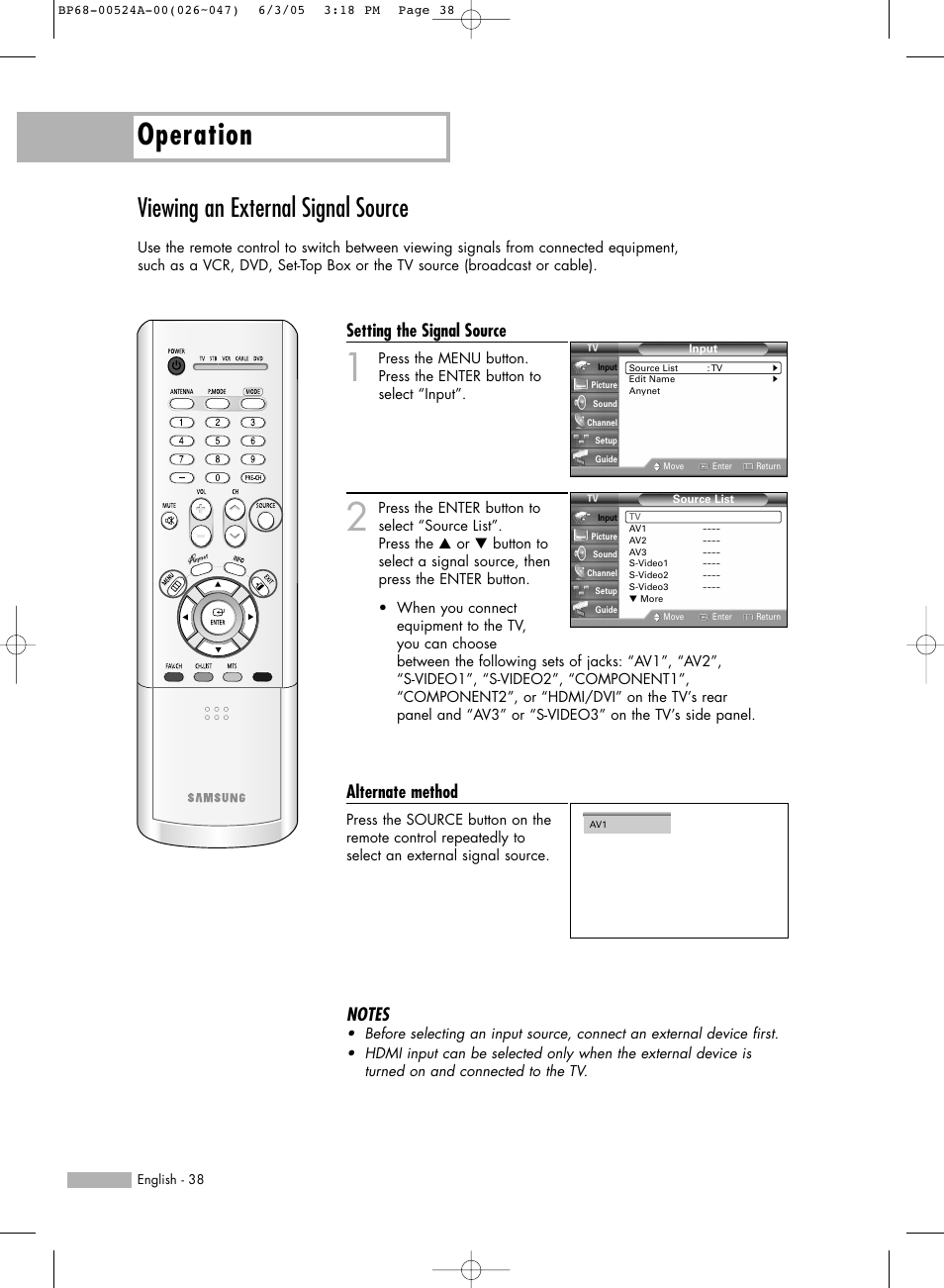 Viewing an external signal source, Operation, Setting the signal source | Alternate method | Samsung HL-R6156W User Manual | Page 38 / 96
