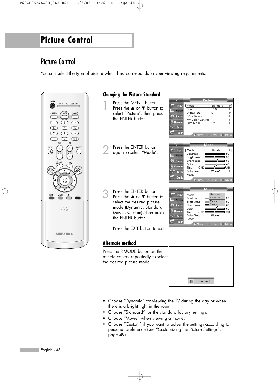 Picture control, Changing the picture standard, Alternate method | Samsung HL-R6156W User Manual | Page 48 / 96