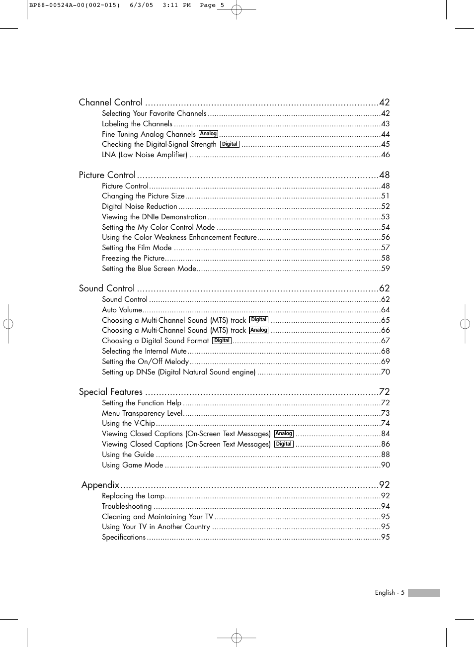 Channel control, Picture control, Sound control | Special features, Appendix | Samsung HL-R6156W User Manual | Page 5 / 96