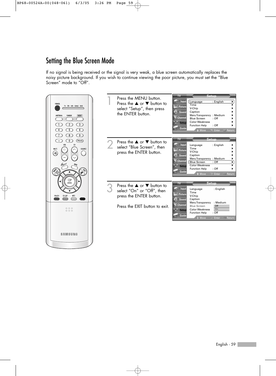Setting the blue screen mode | Samsung HL-R6156W User Manual | Page 59 / 96