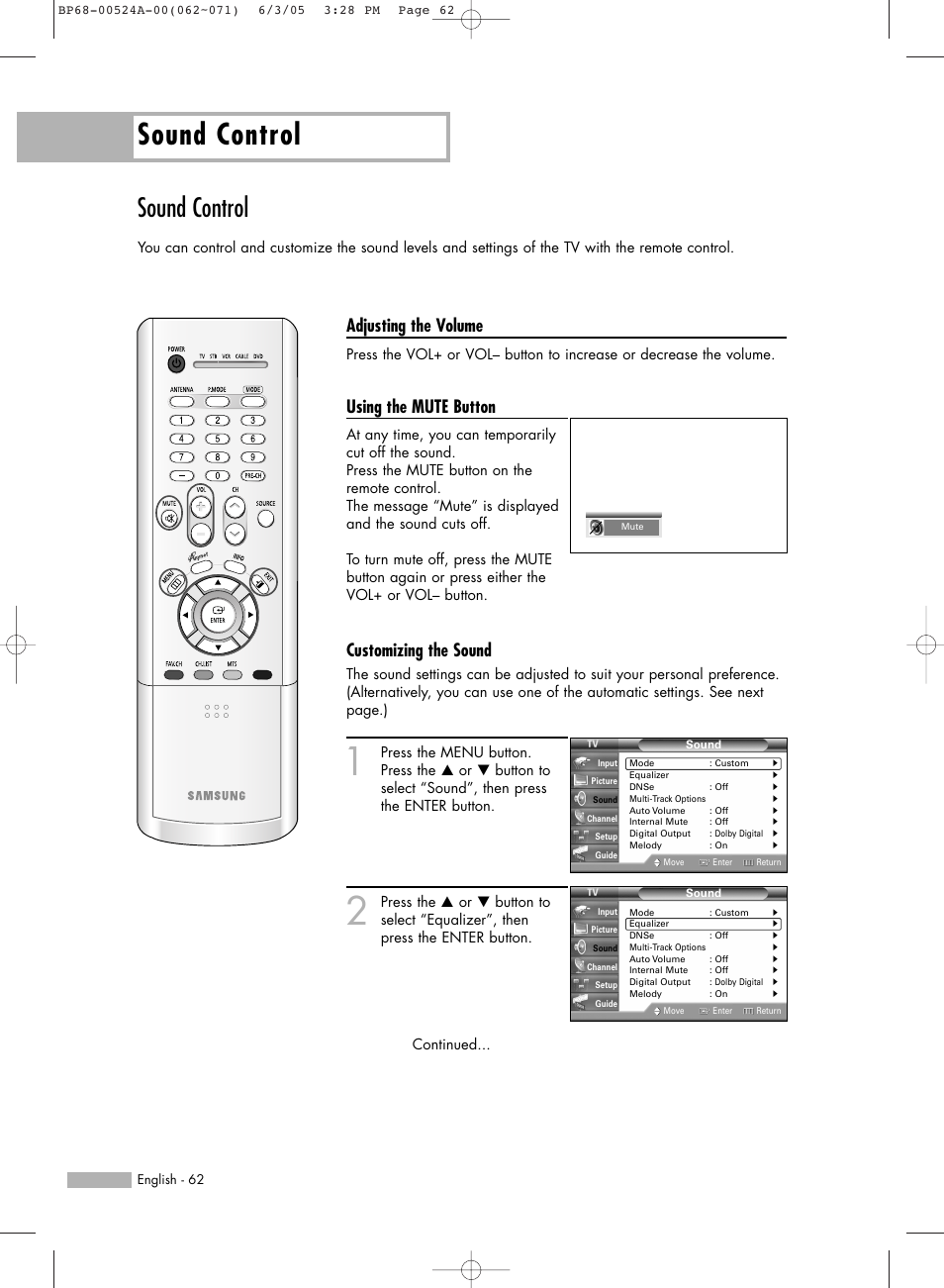 Sound control, Adjusting the volume, Using the mute button | Customizing the sound | Samsung HL-R6156W User Manual | Page 62 / 96