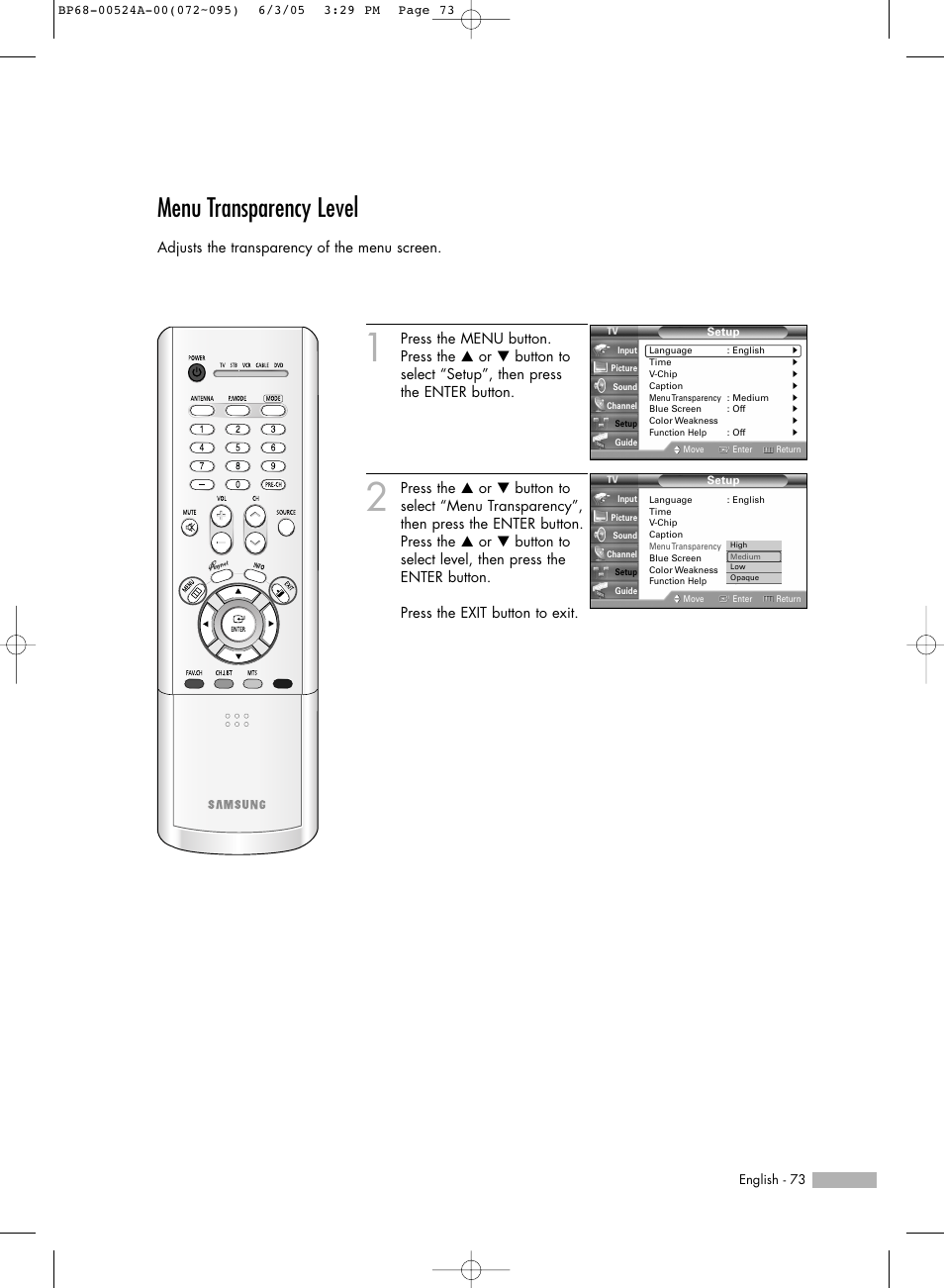 Menu transparency level | Samsung HL-R6156W User Manual | Page 73 / 96