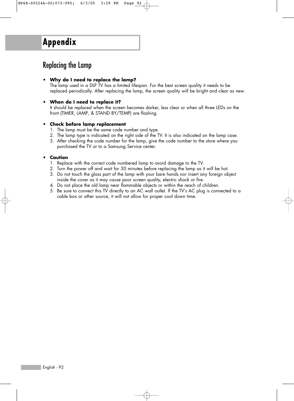 Replacing the lamp, Appendix | Samsung HL-R6156W User Manual | Page 92 / 96