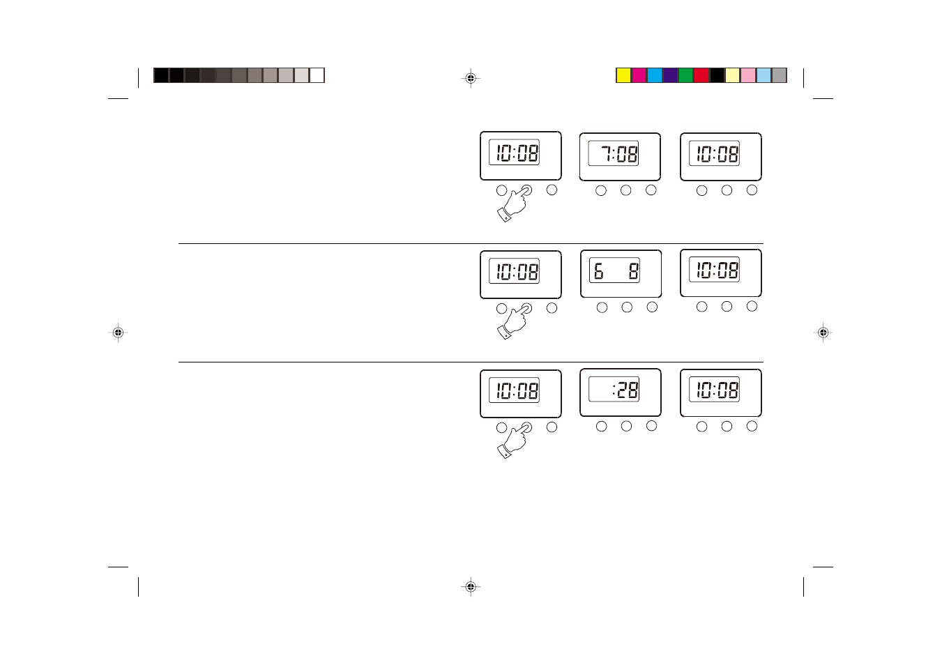 Displaying the alarm time, Displaying the date, Displaying the seconds | Samsung SC9908 User Manual | Page 14 / 20