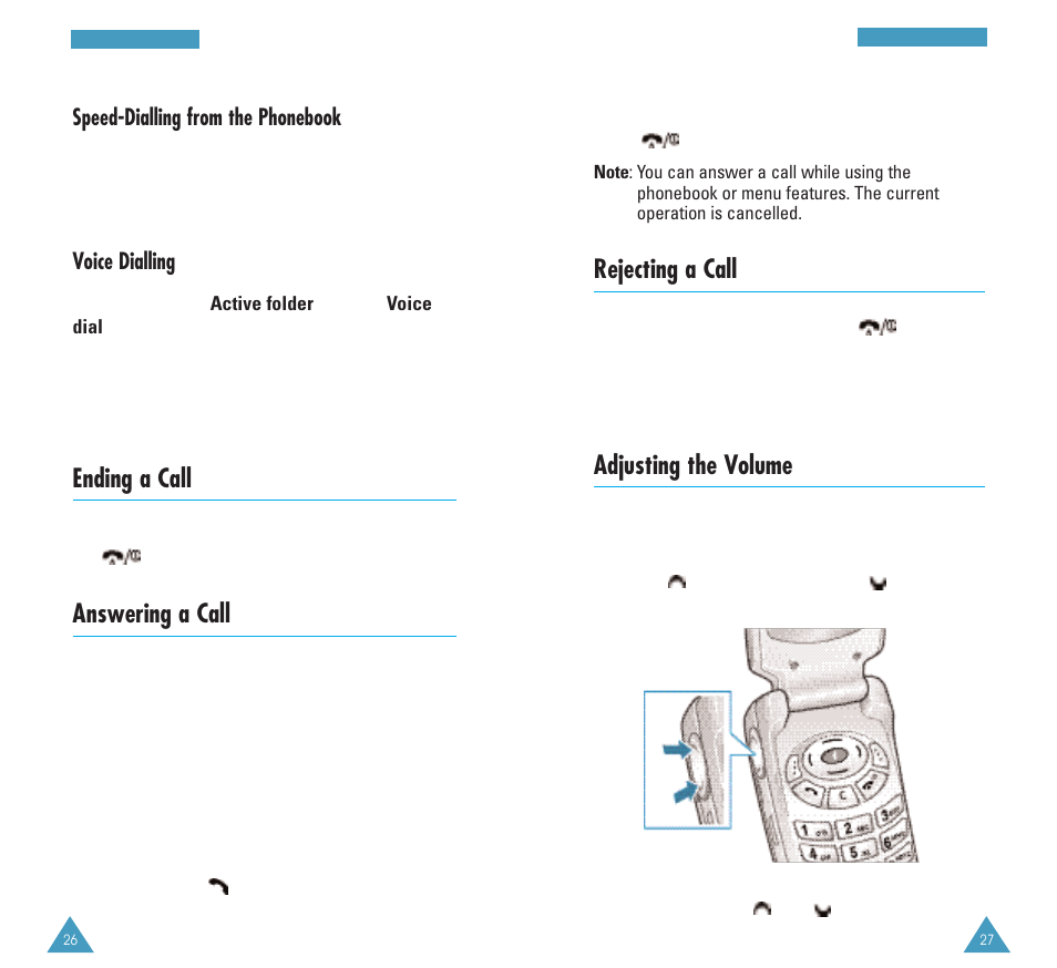 Rejecting a call, Adjusting the volume, Ending a call | Answering a call, Speed-dialling from the phonebook, Voice dialling | Samsung GH68-03117A User Manual | Page 14 / 82