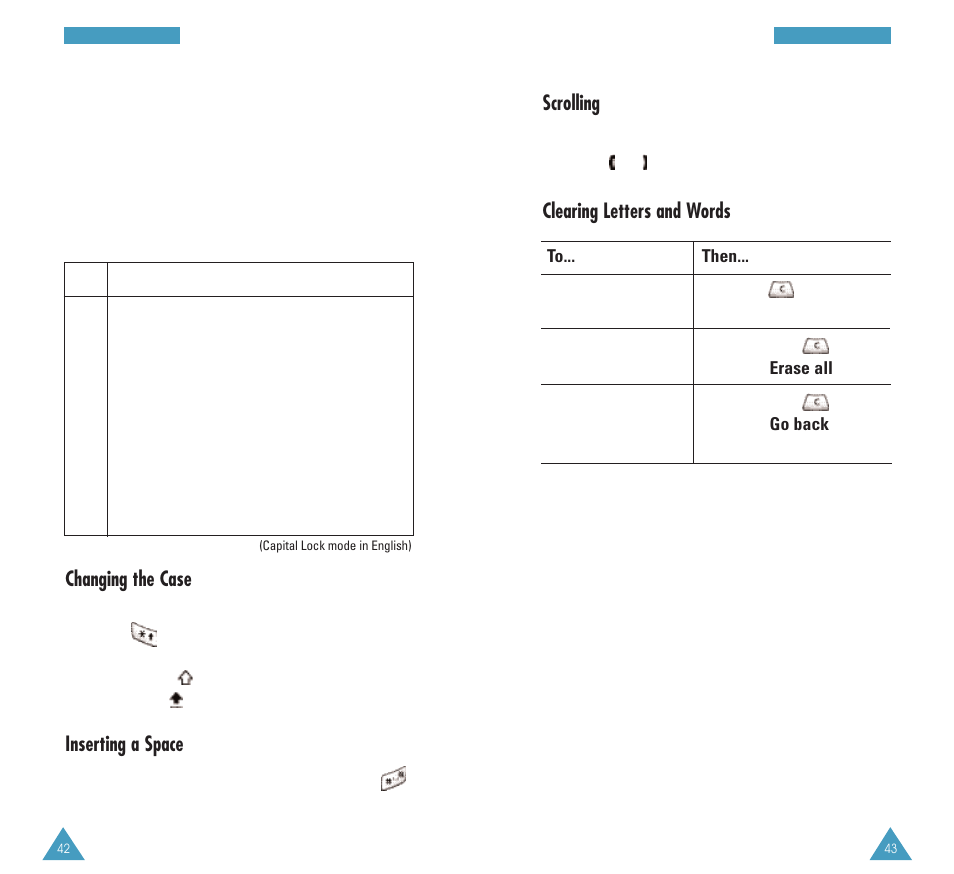 Changing the case, Inserting a space, Scrolling | Clearing letters and words | Samsung GH68-03117A User Manual | Page 22 / 82