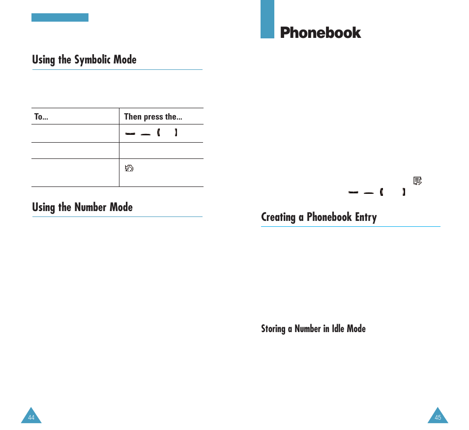 Phonebook, Using the symbolic mode, Using the number mode | Creating a phonebook entry | Samsung GH68-03117A User Manual | Page 23 / 82