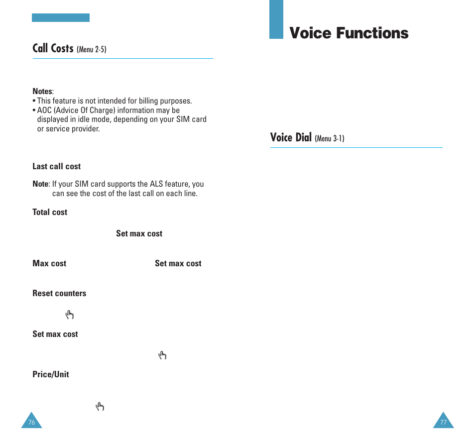 Voice functions, Call costs, Voice dial | Samsung GH68-03117A User Manual | Page 39 / 82