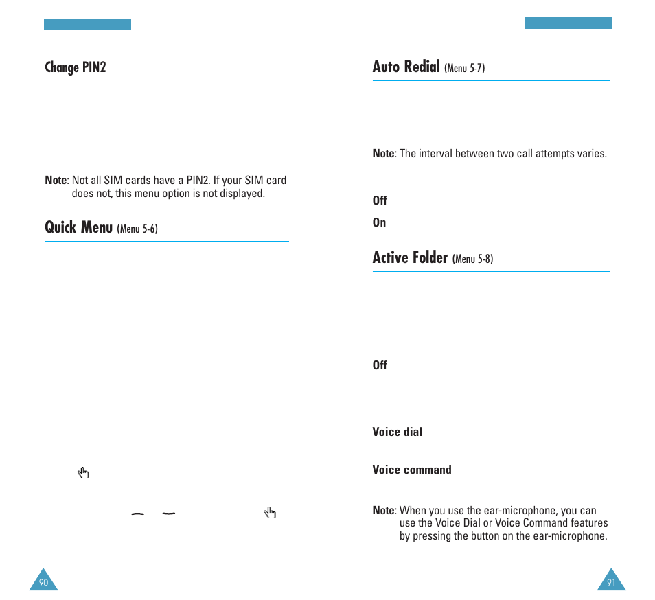 Auto redial, Active folder, Quick menu | Change pin2 | Samsung GH68-03117A User Manual | Page 47 / 82