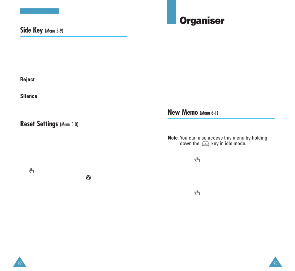 Organiser, Side key, Reset settings | Samsung GH68-03117A User Manual | Page 48 / 82