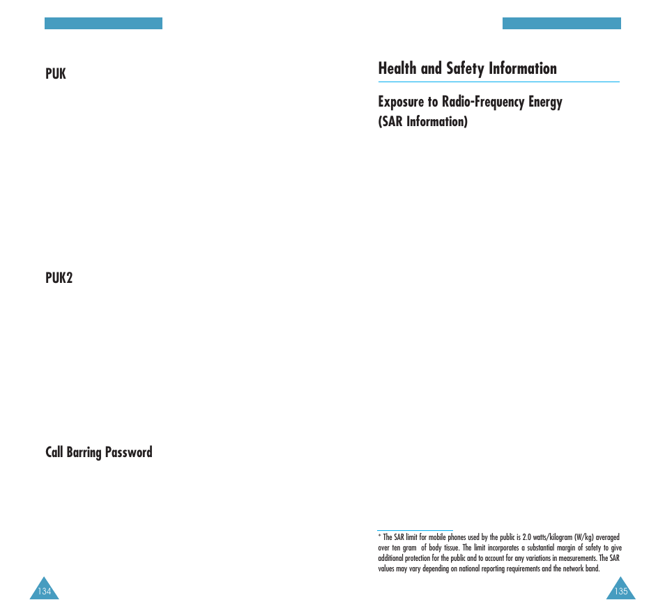 Health and safety information, Exposure to radio-frequency energy, Puk2 | Call barring password, Sar information) | Samsung GH68-03117A User Manual | Page 70 / 82