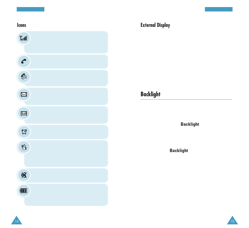 Backlight, External display, Icons | Samsung GH68-03117A User Manual | Page 8 / 82