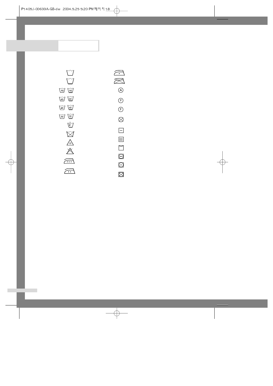 Appendix, Fabric care chart electrical warnings | Samsung P1403J User Manual | Page 20 / 22