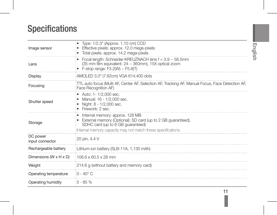 Specifications | Samsung WB660 User Manual | Page 11 / 32