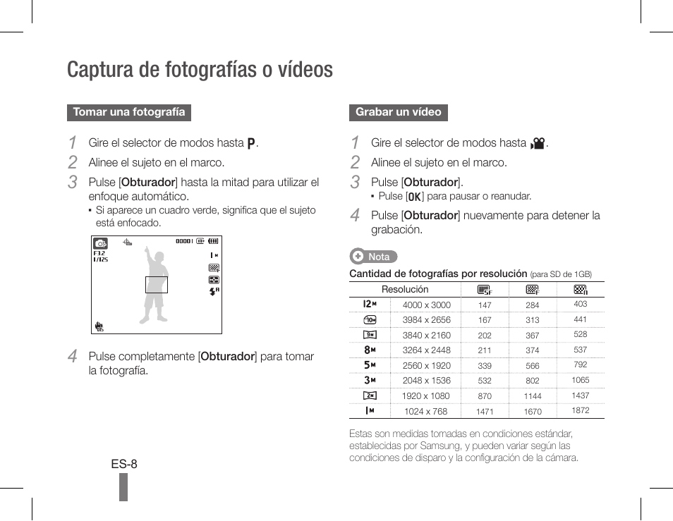 Captura de fotografías o vídeos | Samsung WB660 User Manual | Page 18 / 32