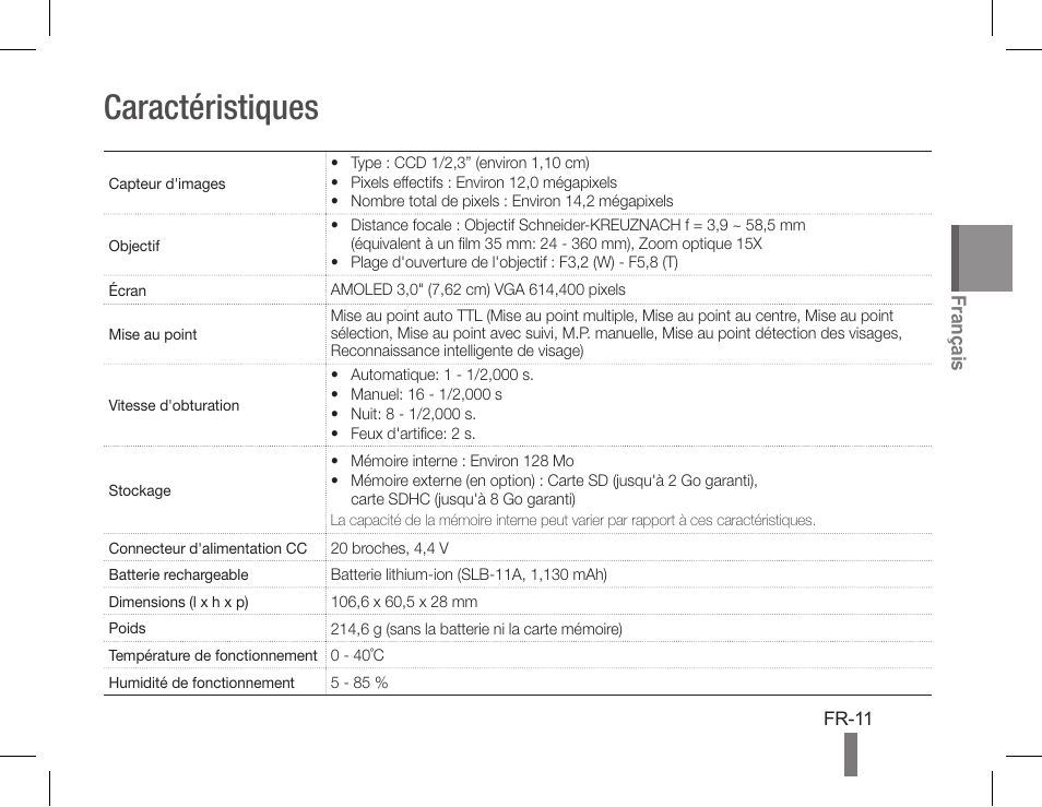 Caractéristiques, Français | Samsung WB660 User Manual | Page 31 / 32