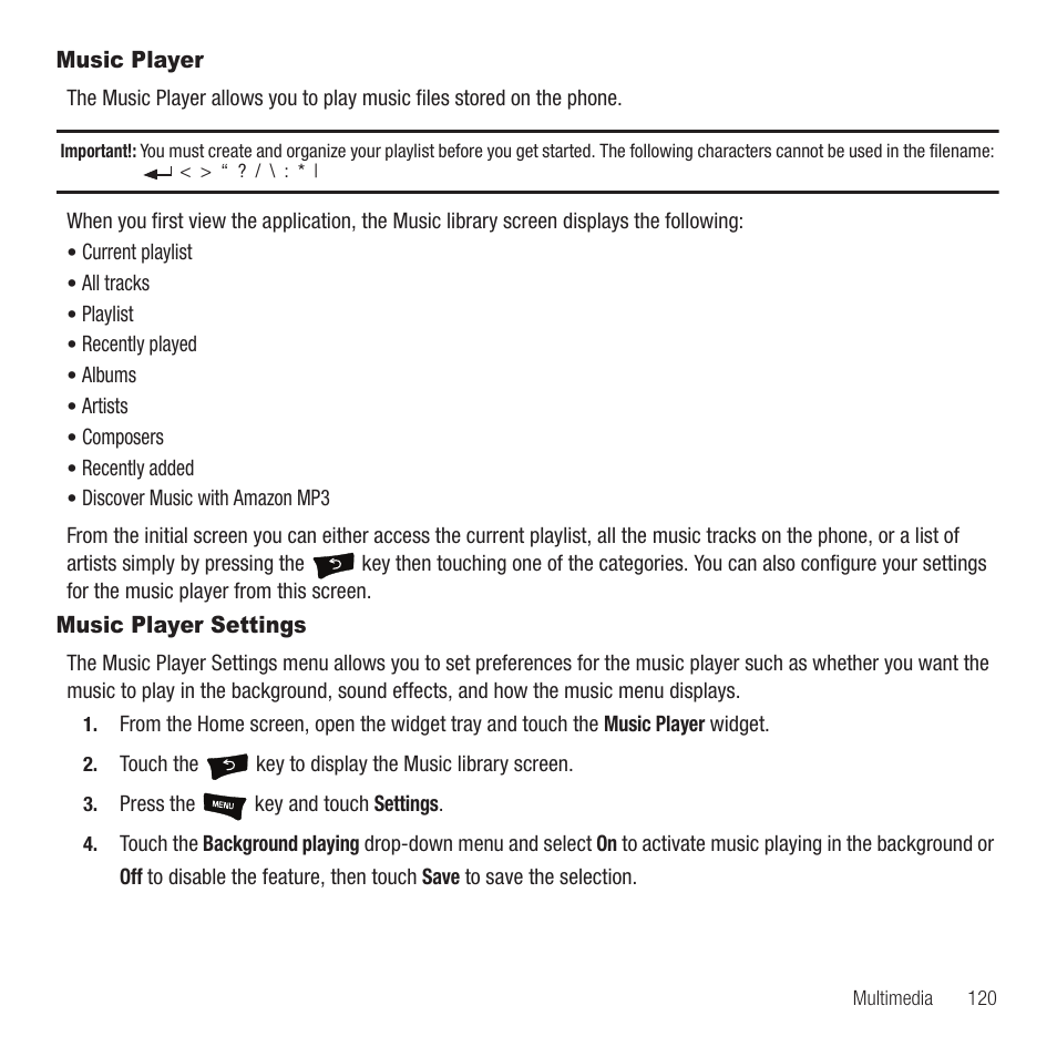 Music player, Music player settings, Music player music player settings | Samsung Behold II SGH-t939 User Manual | Page 123 / 216