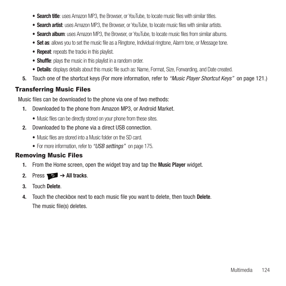 Transferring music files, Removing music files, Transferring music files removing music files | Samsung Behold II SGH-t939 User Manual | Page 127 / 216