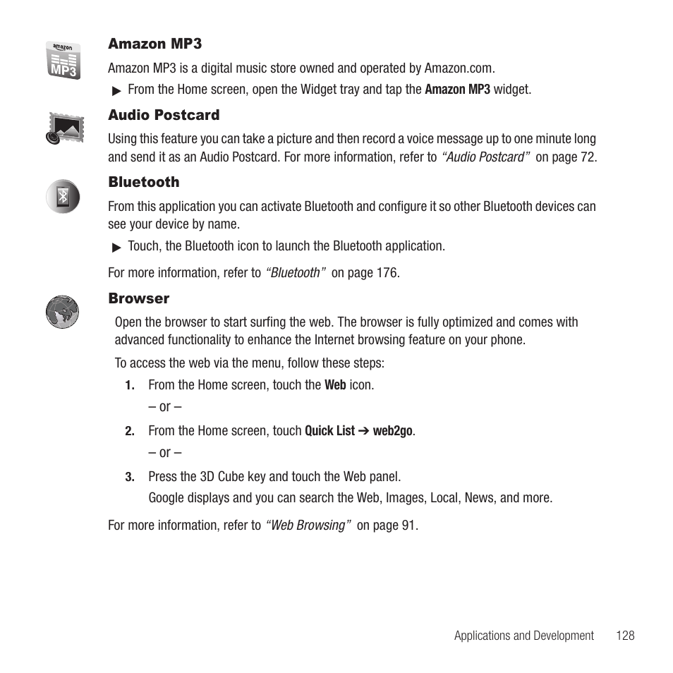 Amazon mp3, Audio postcard, Bluetooth | Browser, Amazon mp3 audio postcard bluetooth browser | Samsung Behold II SGH-t939 User Manual | Page 131 / 216