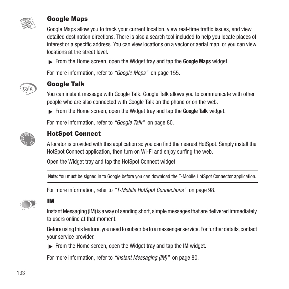 Google maps, Google talk, Hotspot connect | Google maps google talk hotspot connect im | Samsung Behold II SGH-t939 User Manual | Page 136 / 216