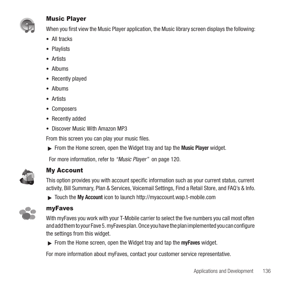 Music player, My account, Myfaves | Music player my account myfaves | Samsung Behold II SGH-t939 User Manual | Page 139 / 216