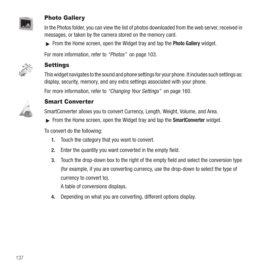 Photo gallery, Settings, Smart converter | Photo gallery settings smart converter | Samsung Behold II SGH-t939 User Manual | Page 140 / 216