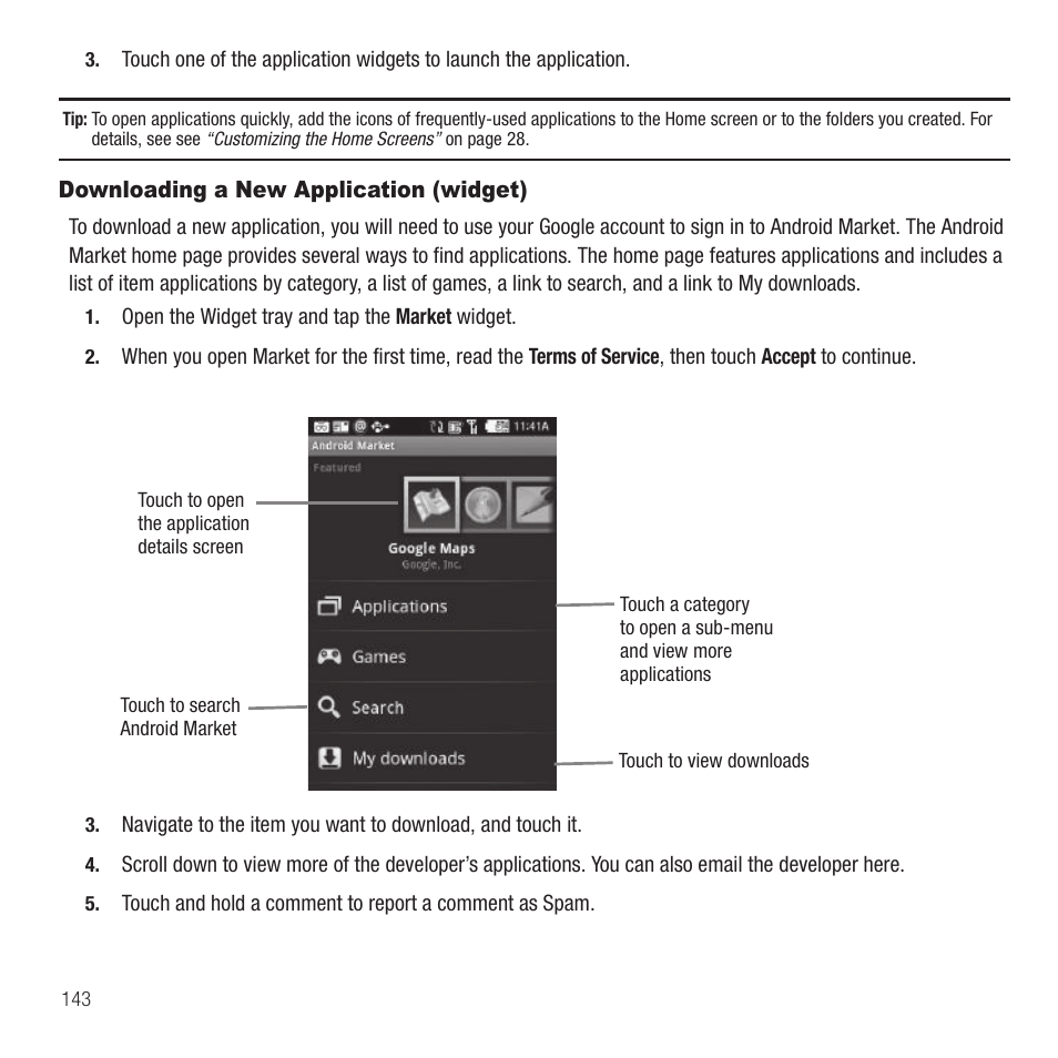 Downloading a new application (widget) | Samsung Behold II SGH-t939 User Manual | Page 146 / 216