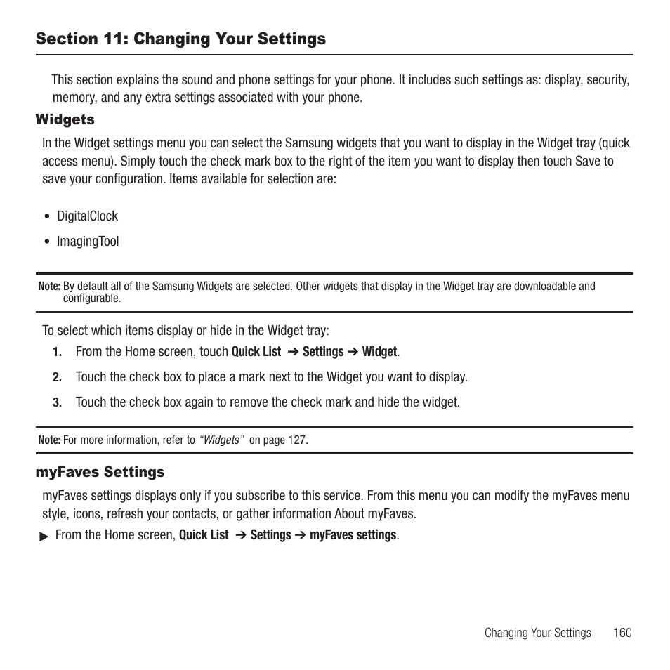 Section 11: changing your settings, Widgets, Myfaves settings | Widgets myfaves settings | Samsung Behold II SGH-t939 User Manual | Page 163 / 216