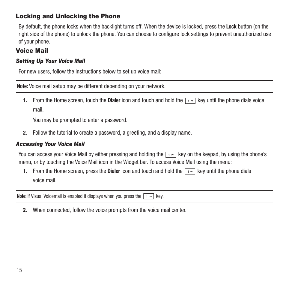 Locking and unlocking the phone, Voice mail, Locking and unlocking the phone voice mail | Samsung Behold II SGH-t939 User Manual | Page 18 / 216