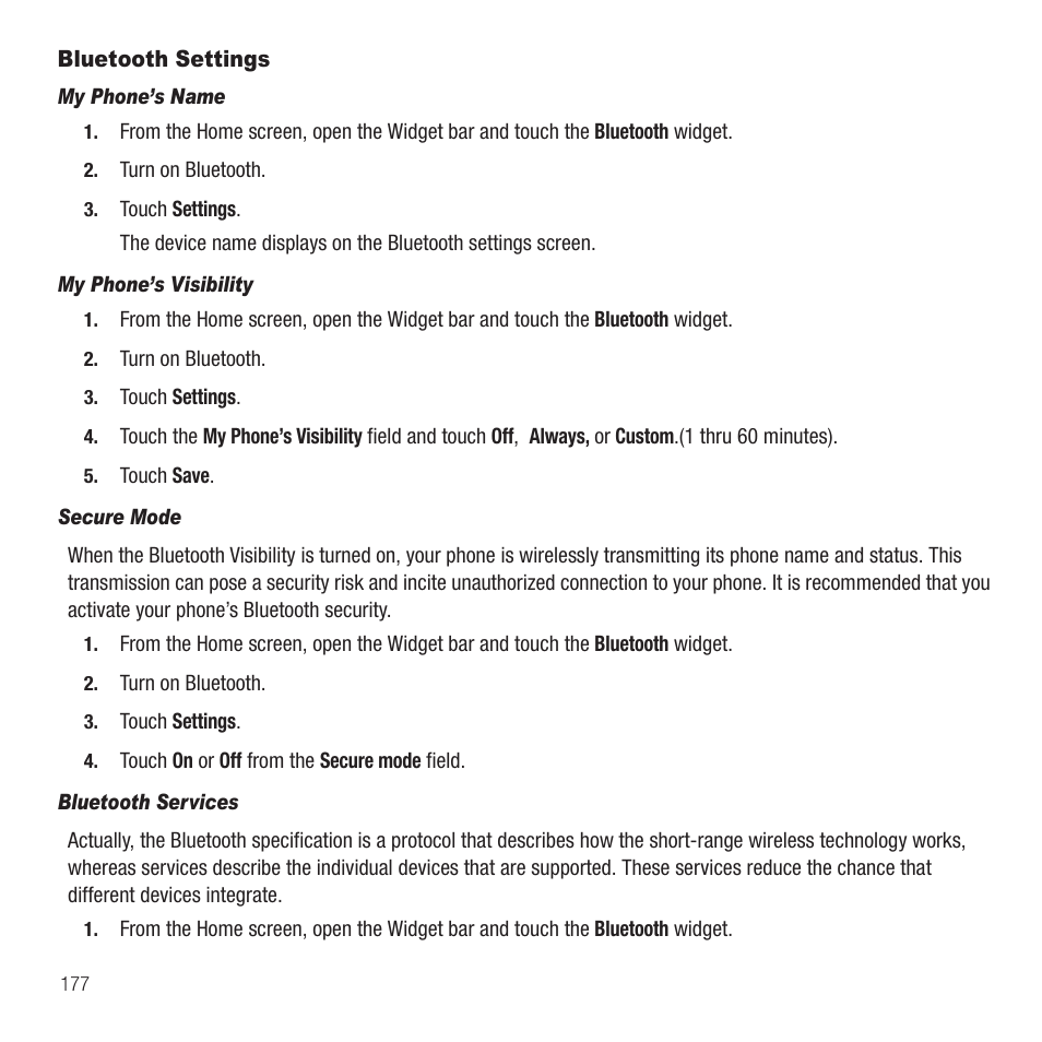 Bluetooth settings | Samsung Behold II SGH-t939 User Manual | Page 180 / 216