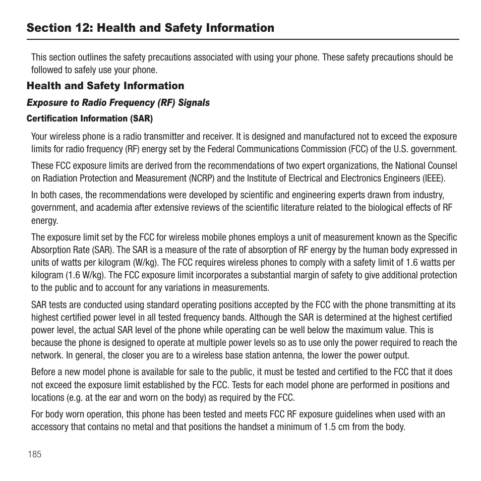 Section 12: health and safety information, Health and safety information | Samsung Behold II SGH-t939 User Manual | Page 188 / 216