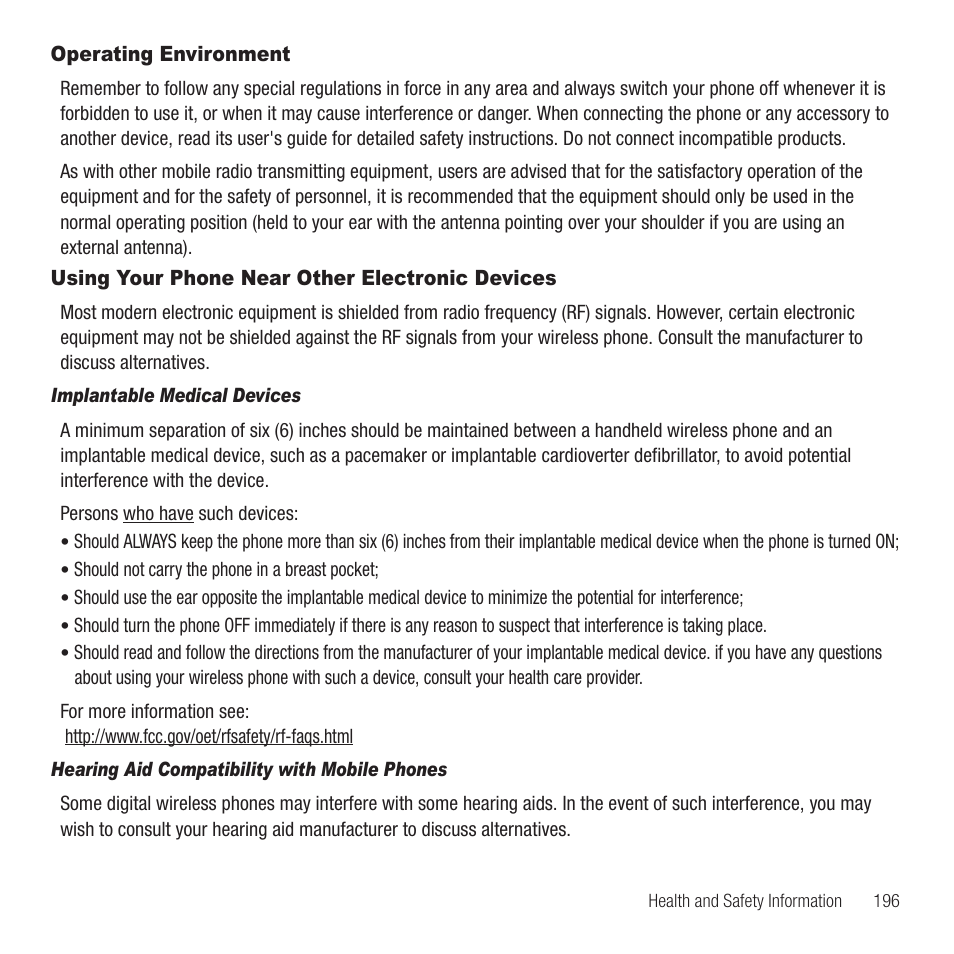 Operating environment, Using your phone near other electronic devices | Samsung Behold II SGH-t939 User Manual | Page 199 / 216